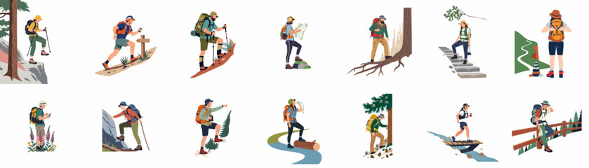 Fototapeta premium A comprehensive set of vector illustrations featuring diverse hikers and backpackers exploring various outdoor terrains and mountain trails for adventure and travel themes.