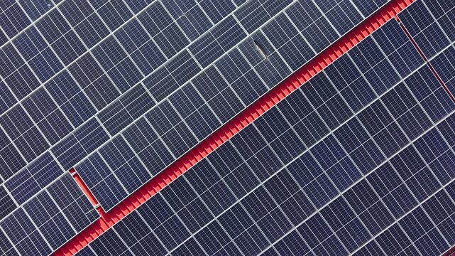 Solar panels are arranged in neat rows on a roof, soaking up sunlight in an urban environment. The panels are black with some red elements visible along the edges.