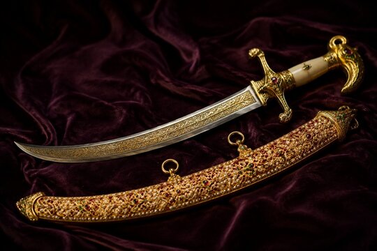 An ornate curved sword with a gem-encrusted scabbard on dark velvet.