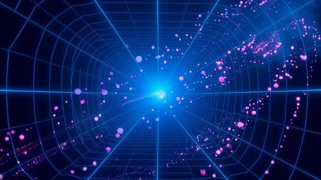 Abstract futuristic tunnel with glowing particles and vibrant neon blue and pink lights in digital space