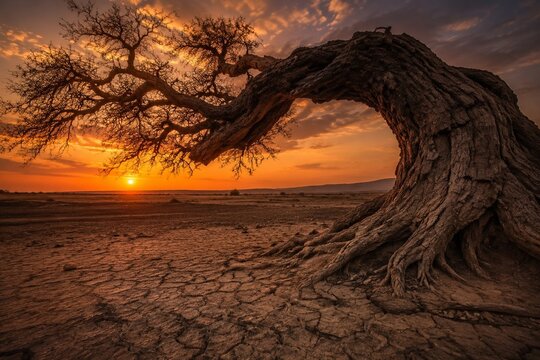 An old gnarled tree with cracked bark bending over parched earth.
