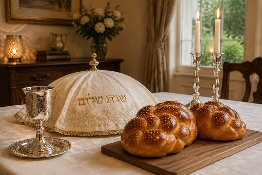 A Shabbat table set with a white linen cloth, silver cup, and braided challah bread, warm ambient light.