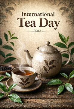 Celebrate international tea day with a steaming teapot and cup on rustic wooden table