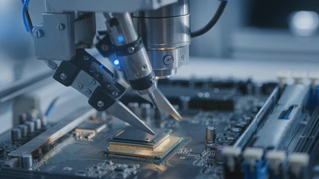 Close up of advanced robotic arm assembling microchip on electronic circuit board in high tech manufacturing