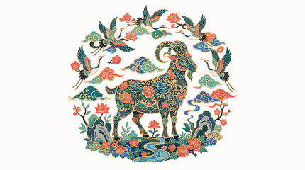 Obraz premium Goat with flying cranes illustration. Traditional Asian style animal art vector design.