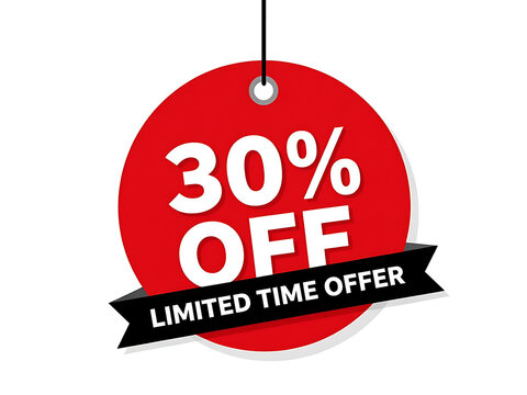 Red sale tag with thirty percent off and limited time offer