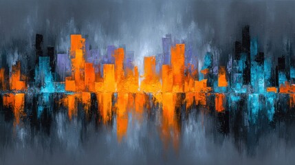 Fototapeta premium Abstract cityscape painting with vibrant orange and blue buildings reflected in water