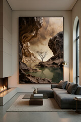 Obraz premium Modern living room with large artwork of nature and tree by water