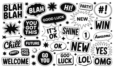 Obraz premium Creative set of playful black and white comic speech bubble stickers expressing positive emotions on a bright studio background.