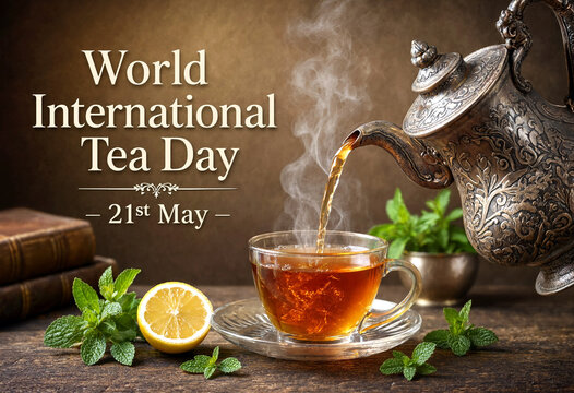 Celebrate world international tea day with a steaming teapot pouring into a cup with lemon and mint leaves