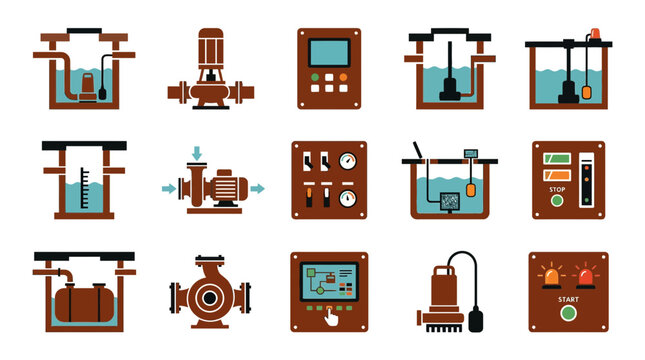 Industrial Pump and Control System Icons Set