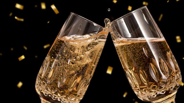 Two crystal glasses of champagne clinking with gold confetti on black