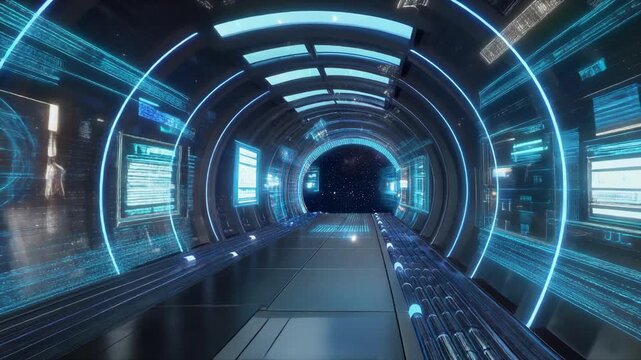 Futuristic digital tunnel corridor with glowing blue lines and space view technology background