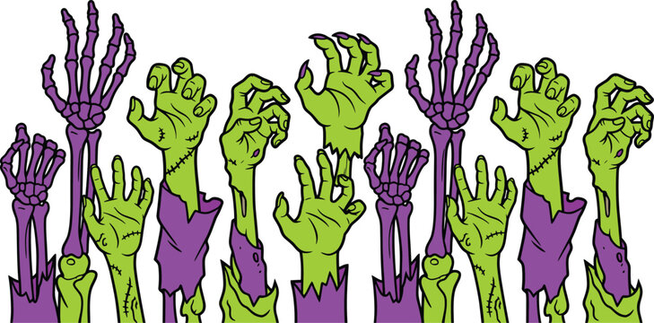 Spooky halloween background with reaching green zombie and purple skeleton hands, vector cartoon illustration.