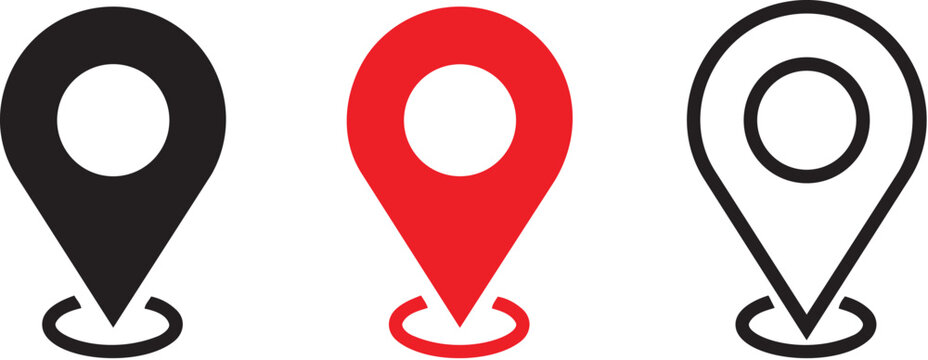 Three distinct map pointer location vector graphic icons displayed in solid black red and outlined styles
