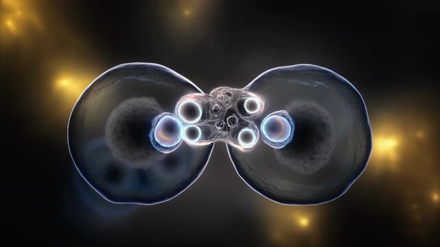 High detail 3D illustration of cell division showing two cells in the process of mitosis with clear nuclei and cytoplasm
