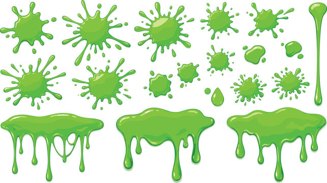 Green slime splash and dripping goo drops collection, vector cartoon toxic splatter illustration set.