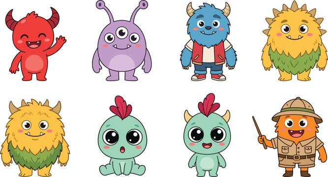 Cute cartoon monster collection, colorful friendly alien characters isolated on white background vector illustration.