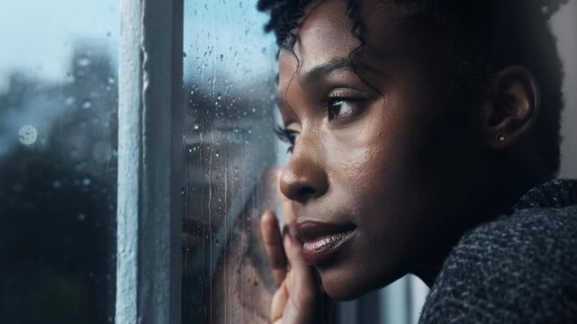 Thoughtful young woman looking out rainy window feeling reflective and peaceful indoors