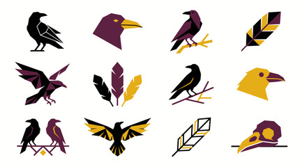 Obraz premium Set of artistic crow and raven illustrations featuring feathers skulls and birds in various poses with a modern geometric graphic design style