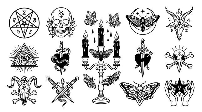 Collection of occult and gothic tattoo flash designs featuring skulls moths candelabras daggers and mystical symbols on white background