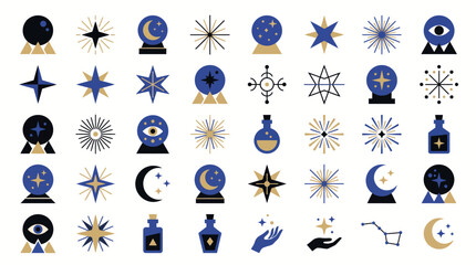 Set of mystical esoteric icons featuring crystal balls stars moons and magic potions for spiritual and occult design projects © Ashok