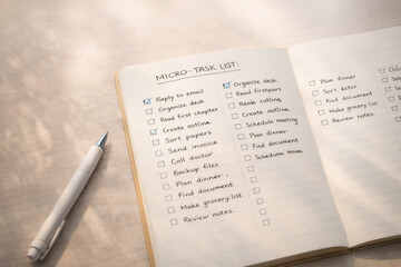 Micro-task list in open notebook shown with pen on desk, background © dvoevnore
