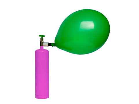 Green balloon inflated with purple helium cylinder tank isolated on white.