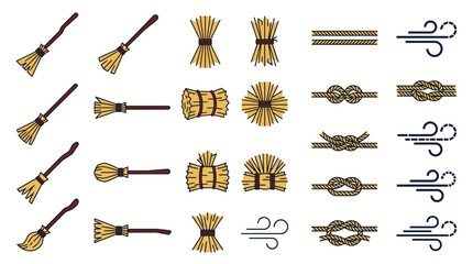 Set of hand drawn vector illustrations featuring various rustic brooms hay bundles decorative rope knots and abstract swirling wind elements © Ashok
