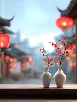 Chinese style illustration of windowsill vase in the festive atmosphere of Spring Festival with lanterns and decorations