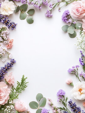 Romantic decorative art background of flowers flat lay on white cardboard