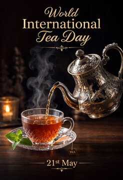 Celebrate world international tea day with a steaming teapot pouring into a glass cup on a wooden table