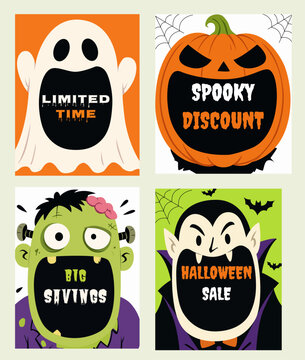 Halloween Sale Promotional Banner Set with Cute Ghost, Pumpkin, Zombie, and Vampire Illustrations