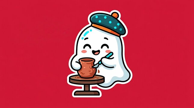 Cute ghost character sculpting clay on pottery wheel with artist hat in cartoon vector style 