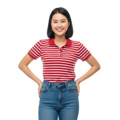 Obraz premium A smiling young woman wearing a red striped polo shirt and jeans stands confidently.
