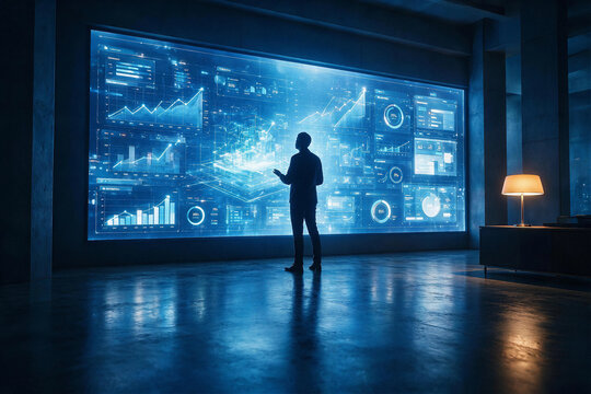 Silhouette of a male professional analyzing complex big data visualizations on a large digital screen in a high tech corporate office at night