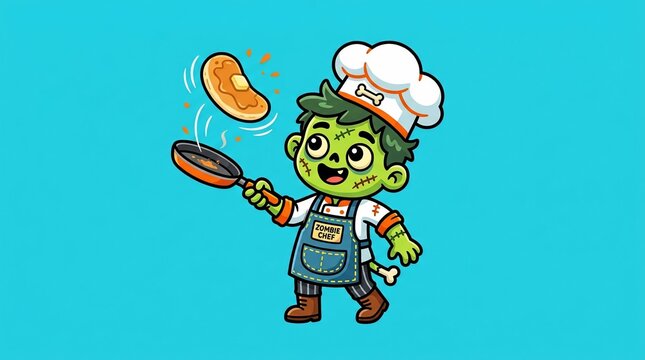 Cute Green Zombie Chef Flipping a Delicious Pancake in a Pan 