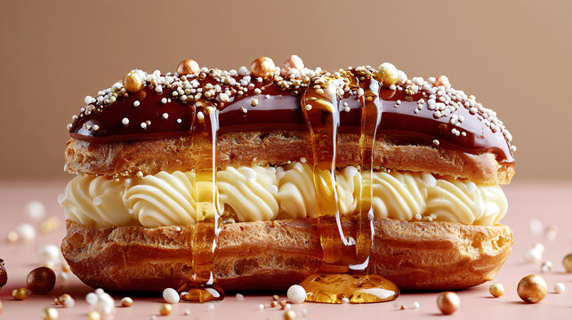 Classic French &eacute;clair filled with vanilla pastry cream, topped with glossy caramel glaze and honey drizzle, isolated in a gourmet dessert style