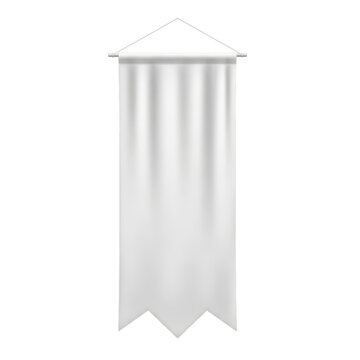 A simple white banner hanging from a triangular support on a white background.
