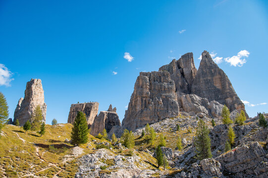 Cinque Torri rock formations and hiking path in the Dolomites, Italy