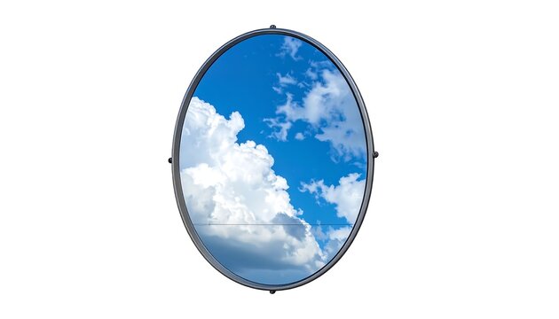 A round window with a silver frame shows a bright blue sky and white clouds