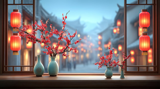 Chinese style illustration of windowsill vase in the festive atmosphere of Spring Festival with lanterns and decorations