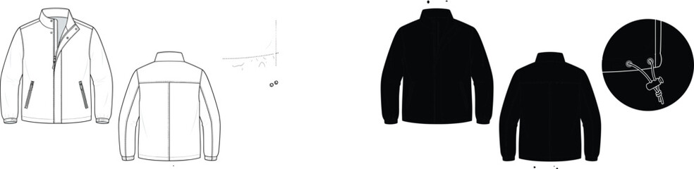 Professional vector fashion flat sketch template showing a casual windbreaker jacket with a stand collar and drawcord hem © MdHasmot