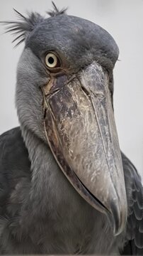 Extreme close-up portrait of a Shoebill stork staring directly into the camera with an intense, unblinking yellow-eyed glare. The large grey bird slowly tilts its head