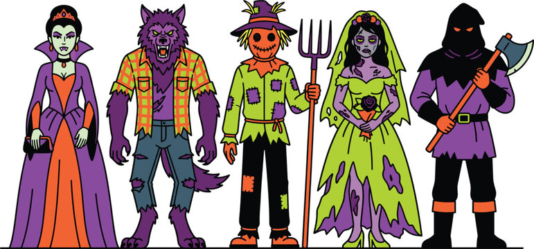 Set of Halloween horror monster characters, vampire, werewolf, scarecrow, zombie bride, and executioner vector.