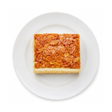 Bienenstich auf wei&szlig;em Teller, freigestellt. Klassisches deutsches Kuchenst&uuml;ck mit cremiger F&uuml;llung und knusprigem Mandelbelag, von oben fotografiert und isoliert auf hellem Hintergrund.