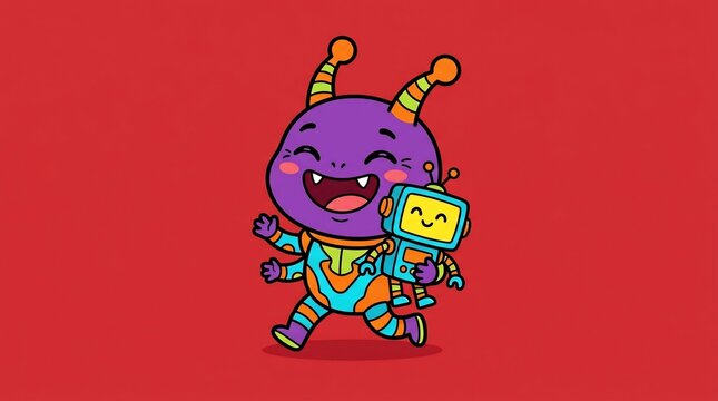 Purple alien carrying a small robot character smiling happily with multiple arms on a vibrant red background for fun kids design 