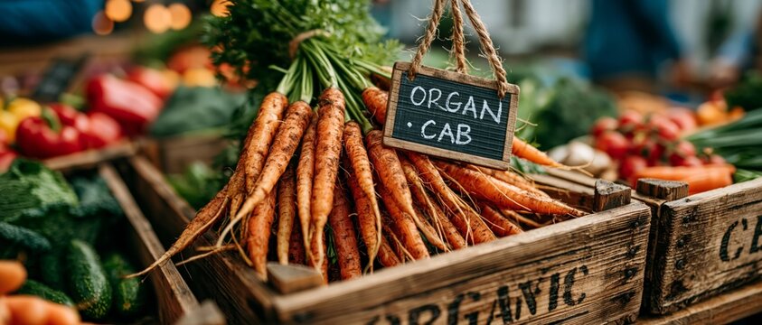 Fresh carrots displayed in rustic wooden crates with an organic sign, set against a vibrant vegetable background.
