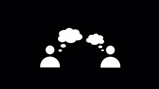 Minimalist thought bubble animation, white silhouette people icons with speech clouds, conceptual communication and brainstorming video