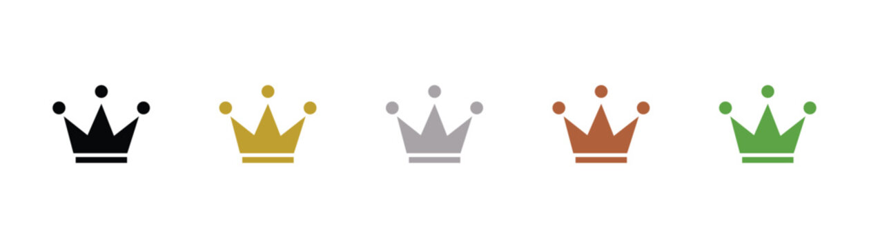 Royal crown icon collection in black gold silver bronze green colors for luxury king queen vip winner symbol vector illustration isolated on white background